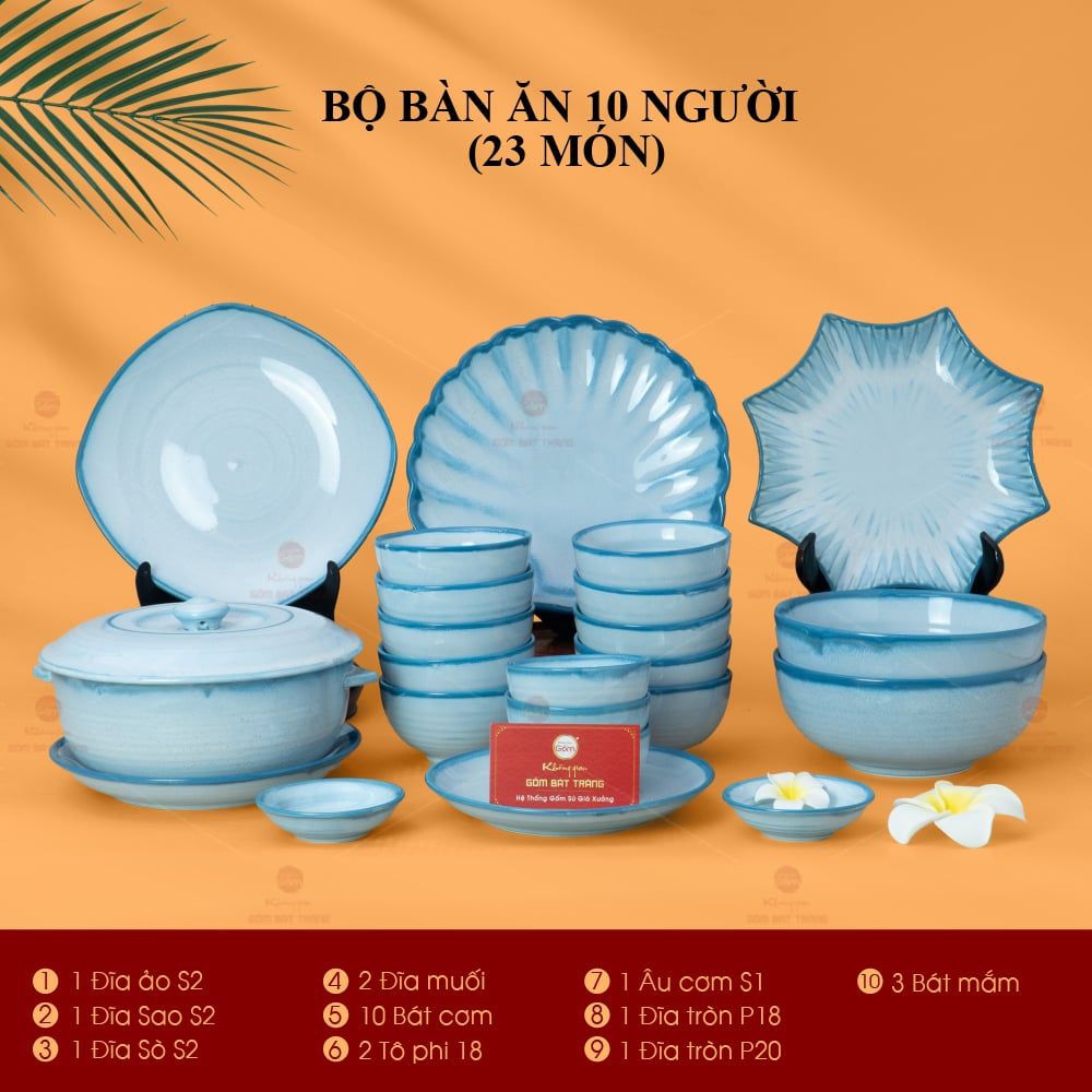 Bộ Bàn Ăn 10 Người (23 món) Men Biển Xanh Cát Trắng