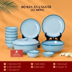 Bộ Bát Đĩa Bát Tràng Men Biển Xanh Cát Trắng