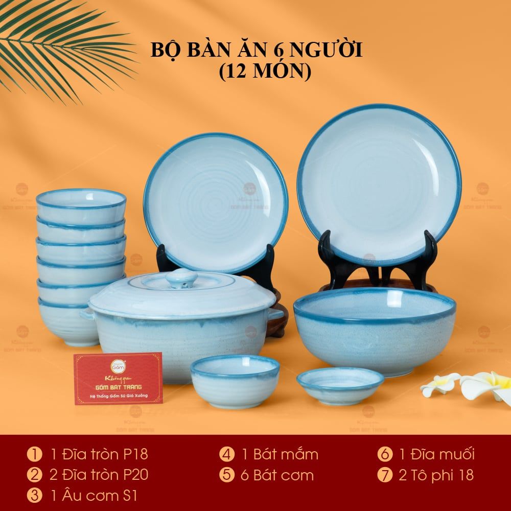 Bộ Bàn Ăn 6 Người (12 món) Men Biển Xanh Cát Trắng