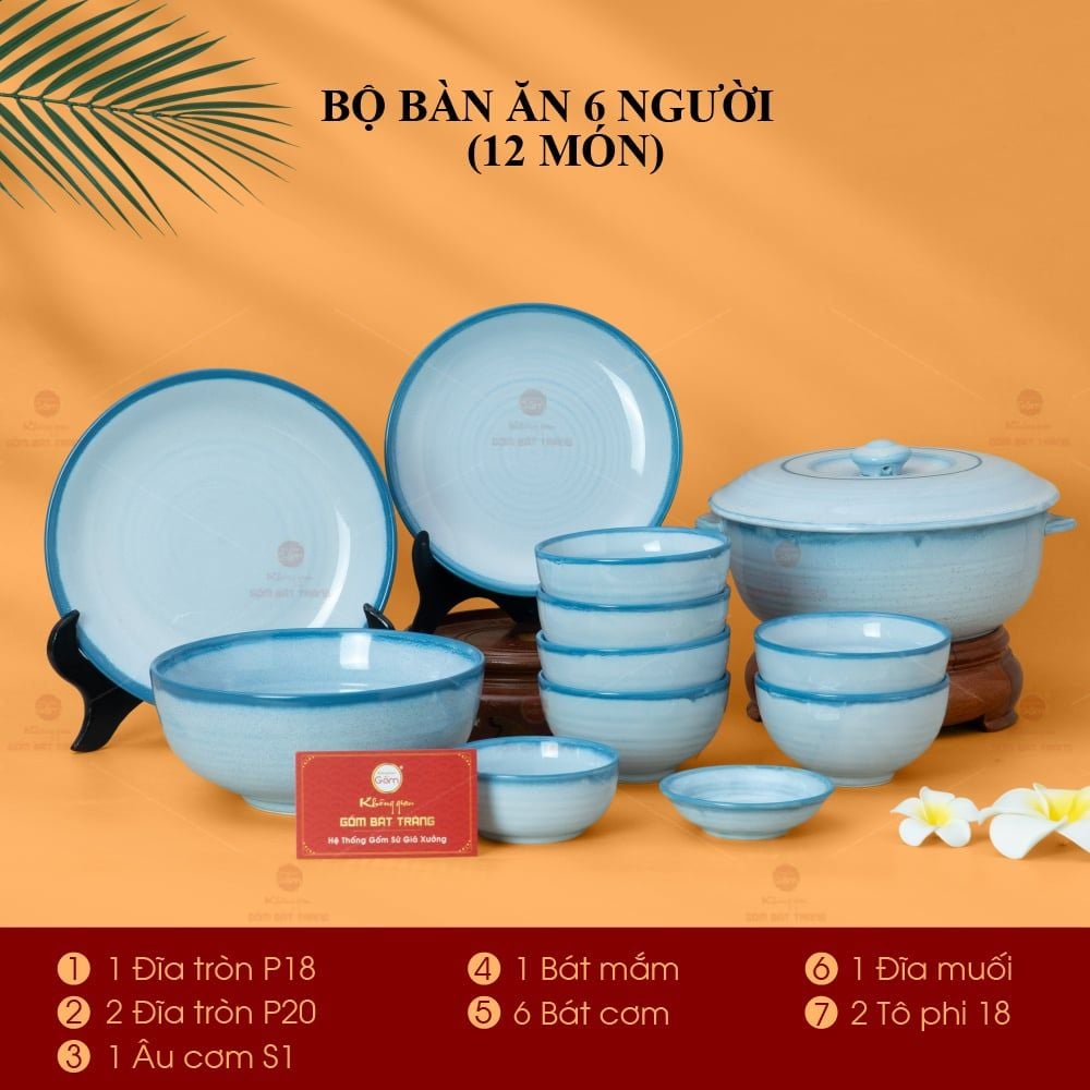 Bộ Bàn Ăn 6 Người (12 món) Men Biển Xanh Cát Trắng