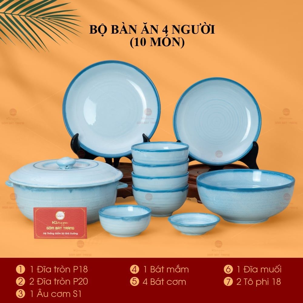 Bộ Bàn Ăn 4 Người (10 món) Men Biển Xanh Cát Trắng