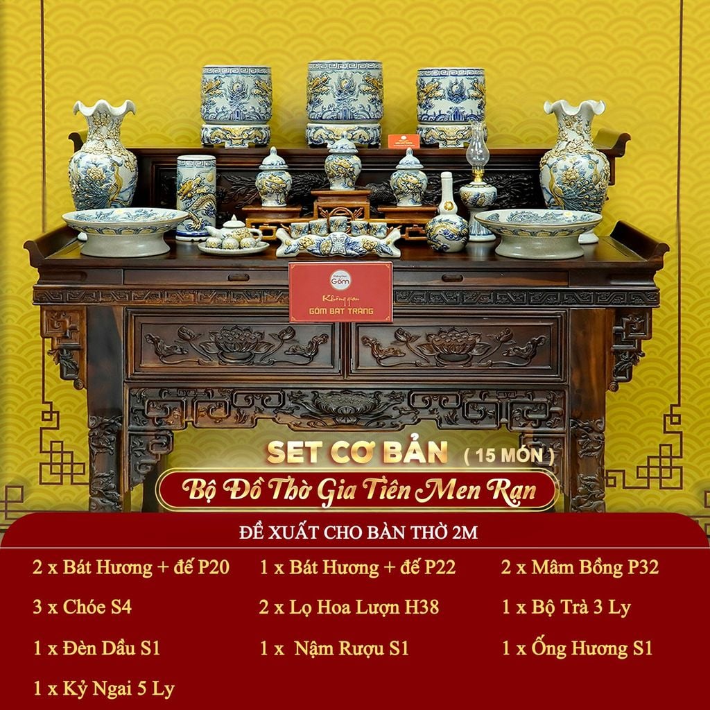 [Set Cơ Bản] Bộ Đồ Thờ Gia Tiên Men Rạn (15 món)