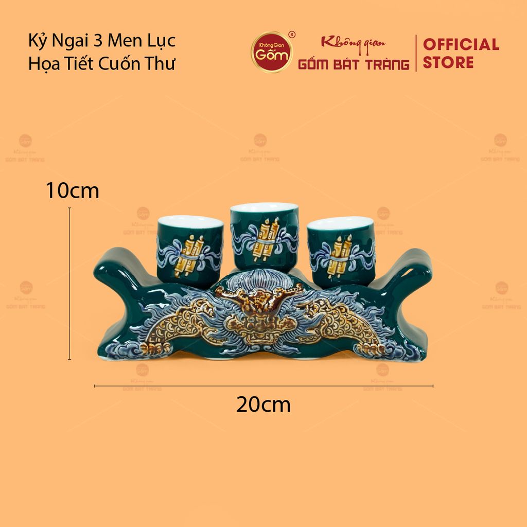Kỷ Ngai 3 Chén Thờ Men Lục Họa Tiết Cuốn Thư