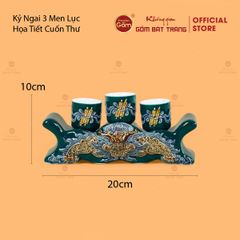 Kỷ Ngai 3 Chén Thờ Men Lục Họa Tiết Cuốn Thư