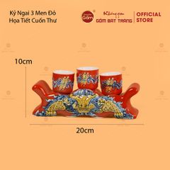 Kỷ Ngai 3 Chén Thờ Men Đỏ Họa Tiết Cuốn Thư