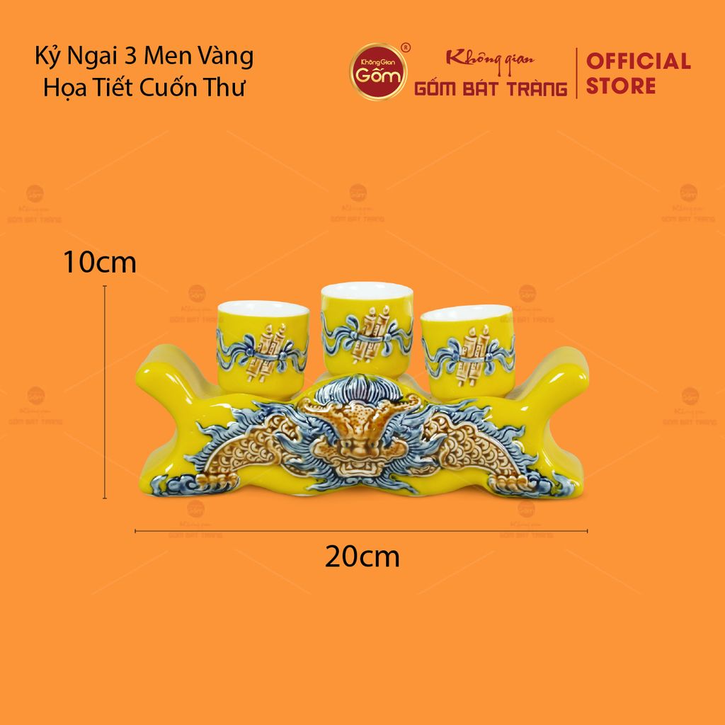 Kỷ Ngai 3 Chén Thờ Men Vàng Họa Tiết Cuốn Thư
