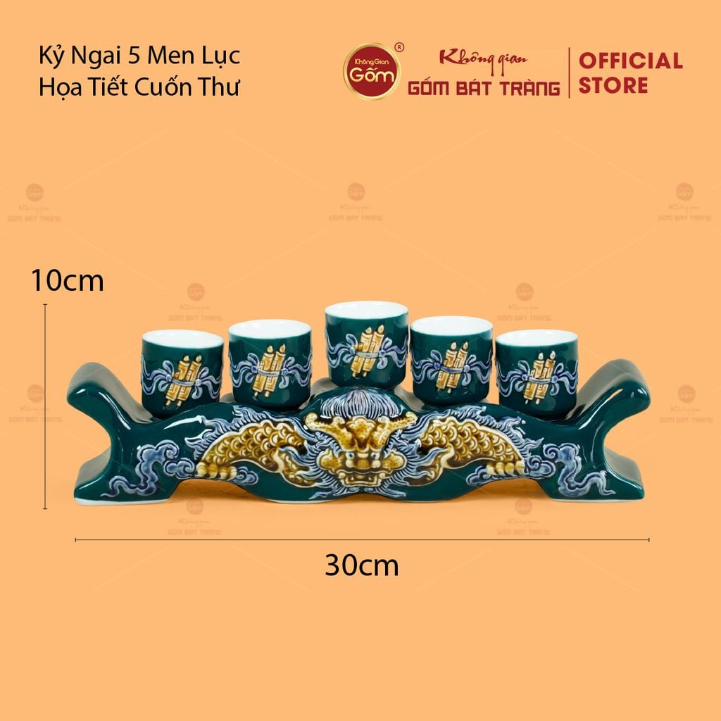 Kỷ Ngai 5 Chén Thờ Men Lục Họa Tiết Cuốn Thư