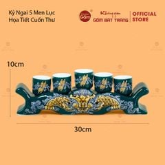 Kỷ Ngai 5 Chén Thờ Men Lục Họa Tiết Cuốn Thư