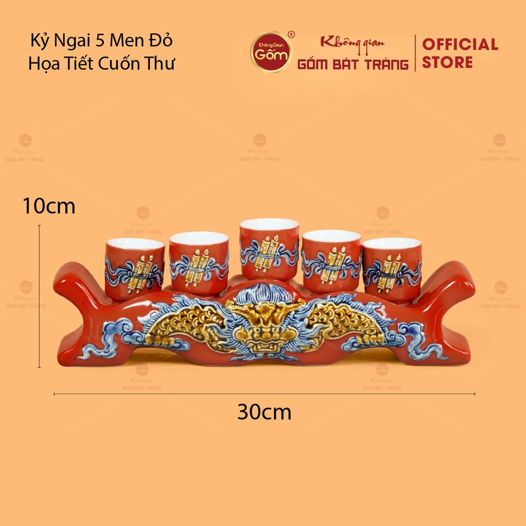 Kỷ Ngai 5 Chén Thờ Men Đỏ Họa Tiết Cuốn Thư