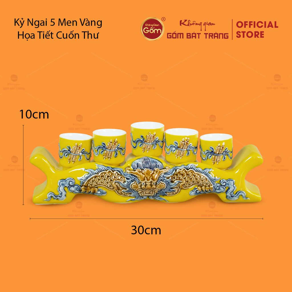 Kỷ Ngai 5 Chén Thờ Men Vàng Họa Tiết Cuốn Thư