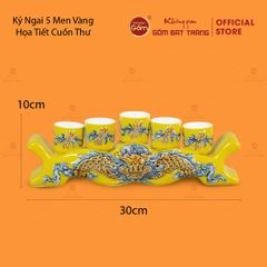 Kỷ Ngai 5 Chén Thờ Men Vàng Họa Tiết Cuốn Thư