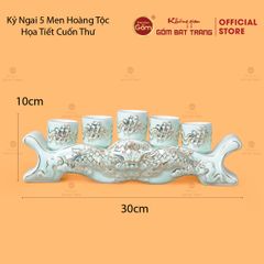 Kỷ Ngai 5 Chén Thờ Men Ngọc Hoàng Tộc Vẽ Vàng Cuốn Thư