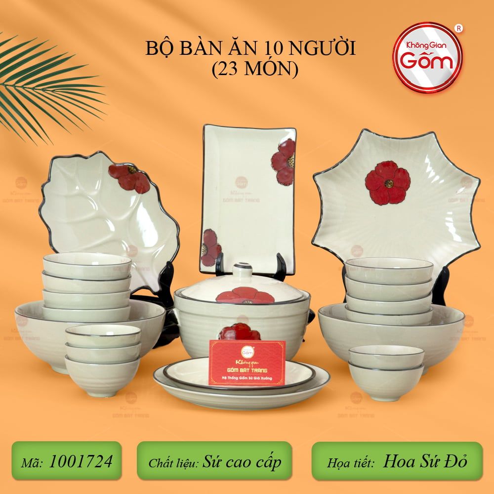 Bộ Bàn Ăn 10 Người (23 món) Men Hỏa Biến Hoa Sứ Đỏ