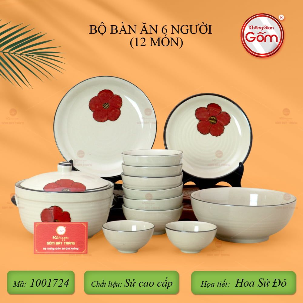 Bộ Bàn Ăn 6 Người (12 món) Men Hoả Biến Hoa Sứ Đỏ