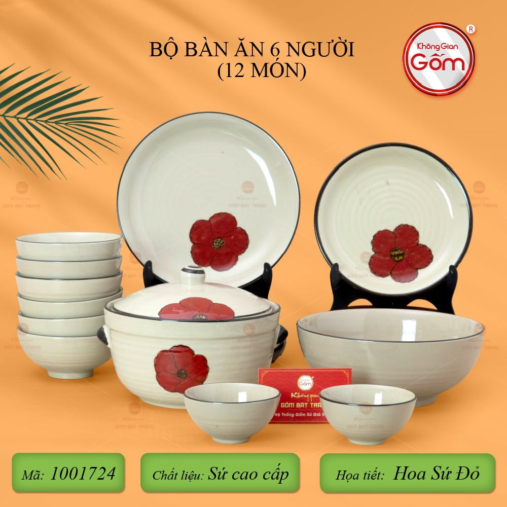 Bộ Bàn Ăn 6 Người (12 món) Men Hoả Biến Hoa Sứ Đỏ