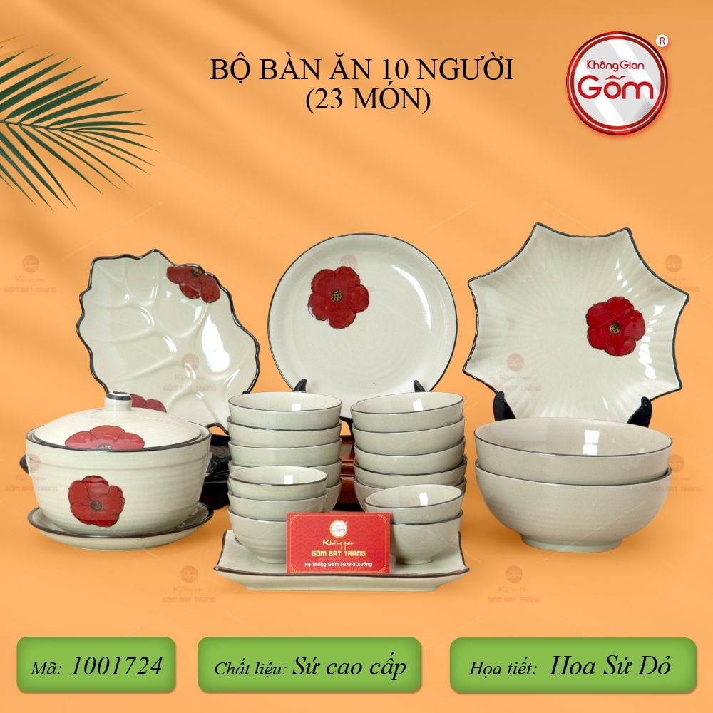 Bộ Bàn Ăn 10 Người (23 món) Men Hỏa Biến Hoa Sứ Đỏ