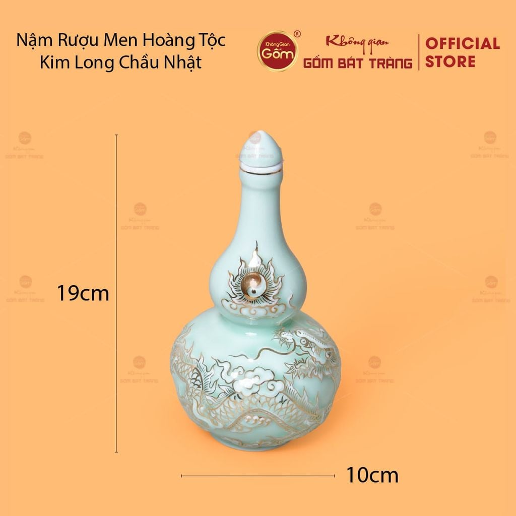 Nậm Rượu Men Ngọc Hoàng Tộc Vẽ Vàng Kim Long Chầu Nhật
