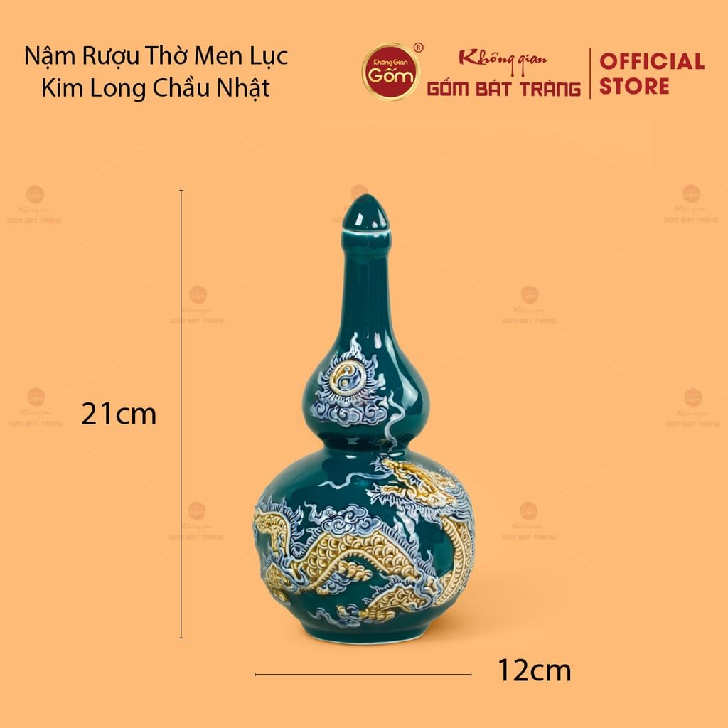 Nậm Rượu Men Lục Họa Tiết Kim Long Chầu Nhật