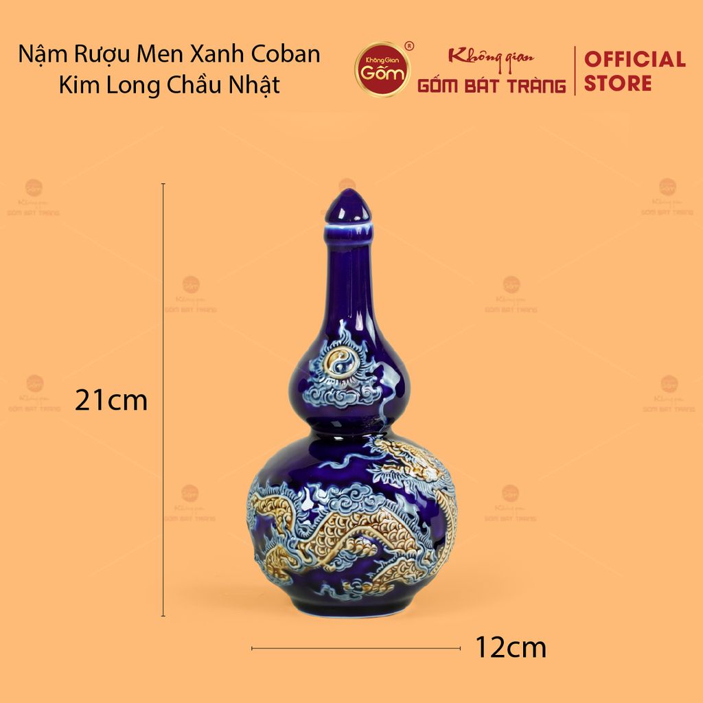 Nậm Rượu Men Xanh Coban Họa Tiết Kim Long Chầu Nhật