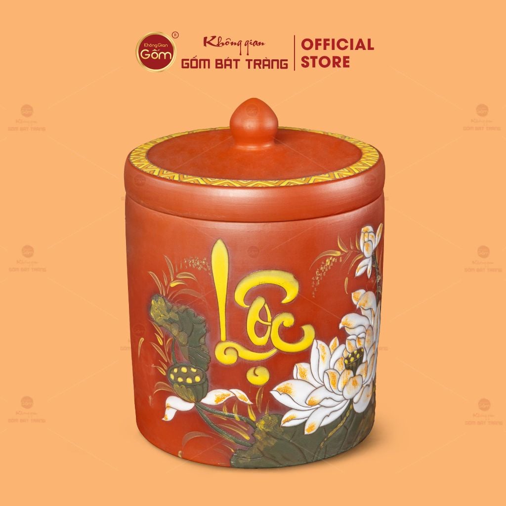 Hũ Gốm Sen Lộc Trụ Tròn