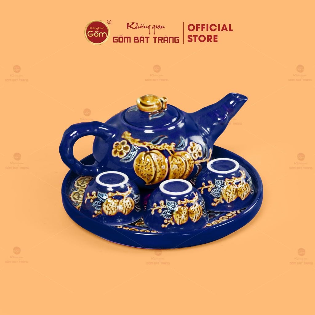 Bộ Ấm 3 Chén Thờ Men Ngọc Hoàng Tộc Hoạ Tiết Cành Đào