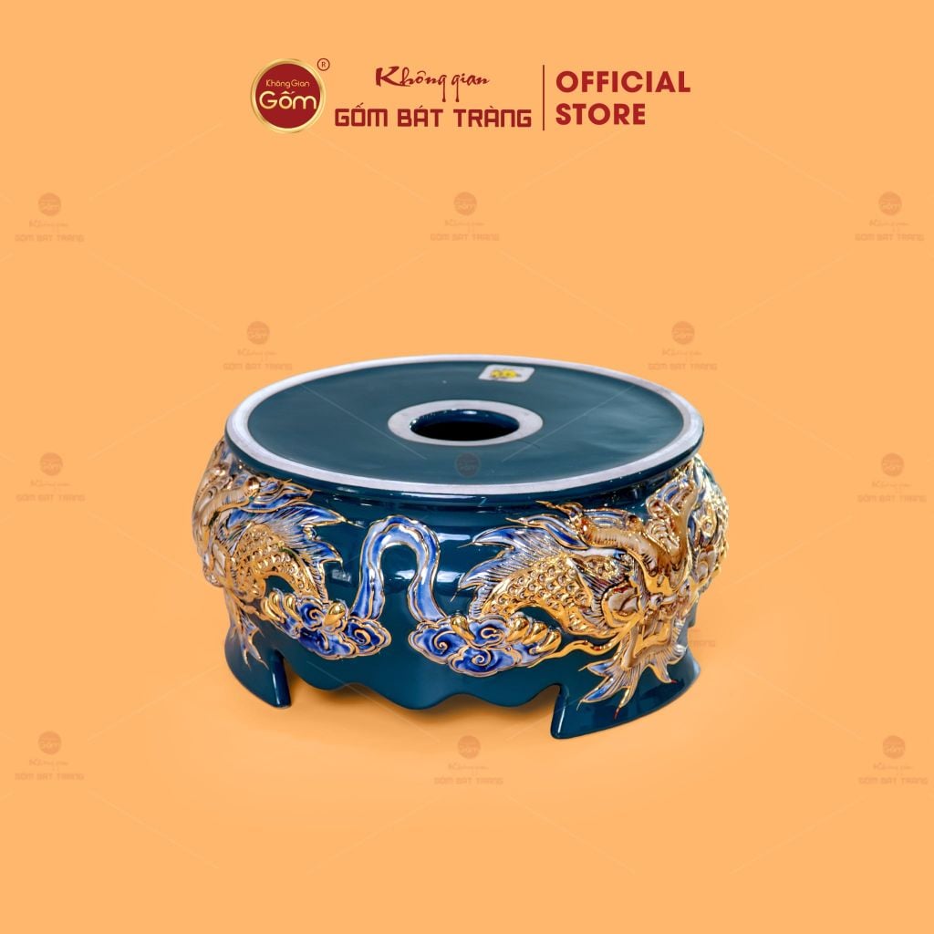 Đế Đỉnh Hương Thờ Men Xanh Lục Vẽ Vàng Họa Tiết Thanh Long