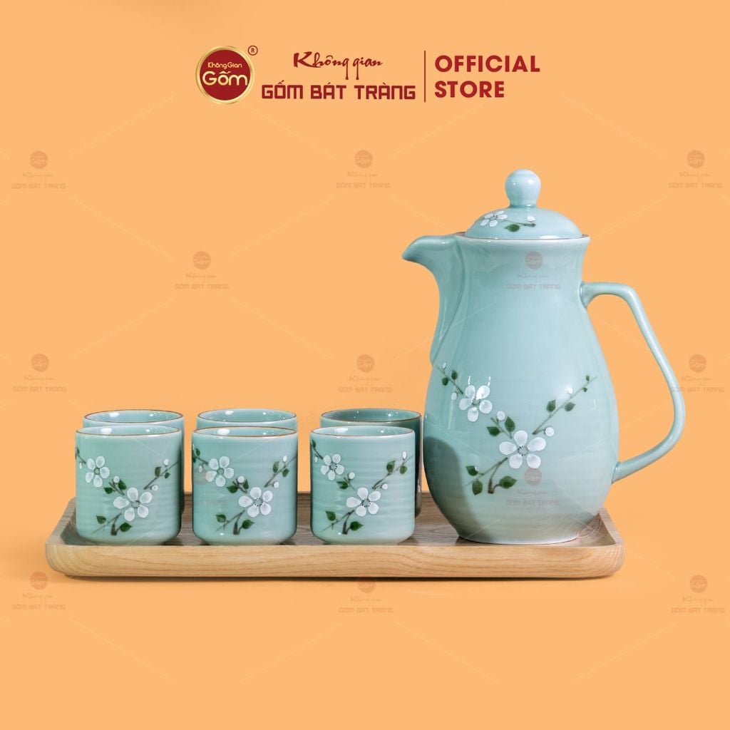 Bộ Bình Nước Dáng Ống Vẽ Hoa Đào Trắng