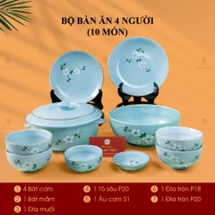 Bộ Bàn Ăn 4 Người (10 món) Men Ngọc Hoa Đào Trắng