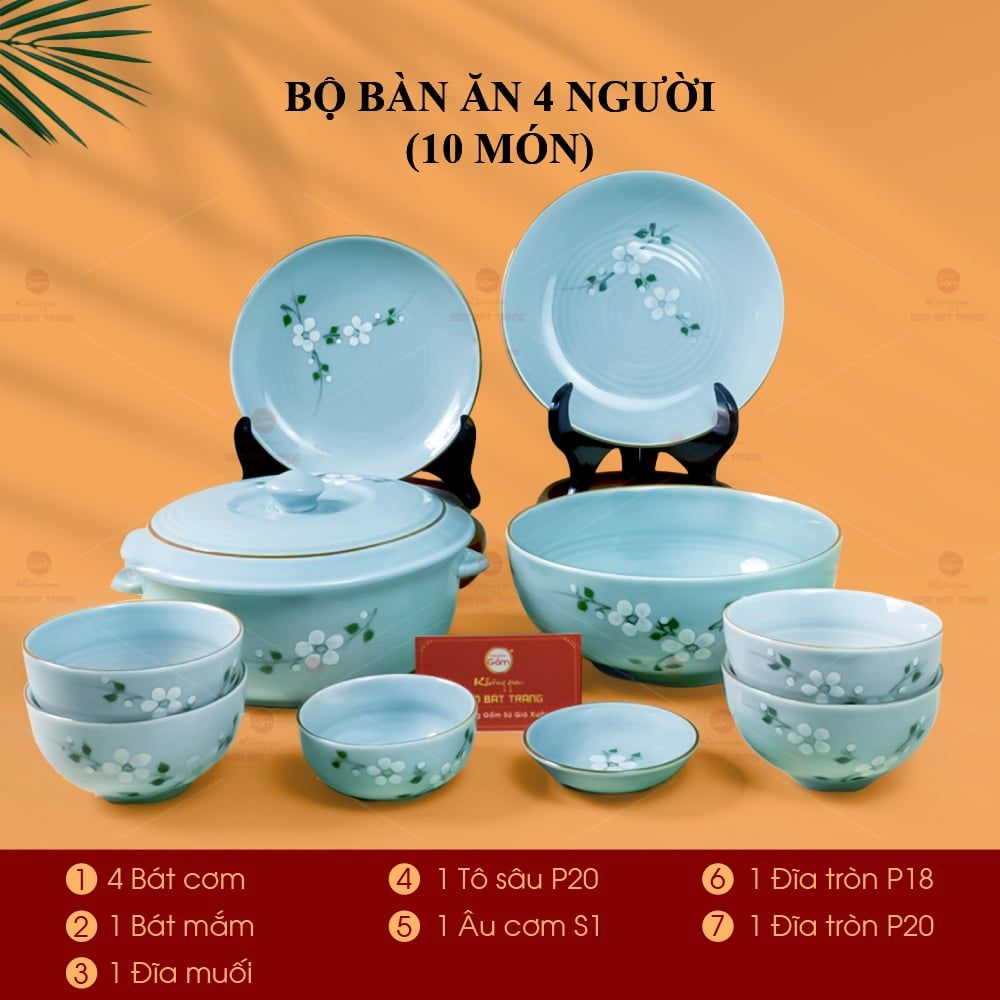 Bộ Bát Đĩa Bát Tràng Men Ngọc Hoa Đào Trắng