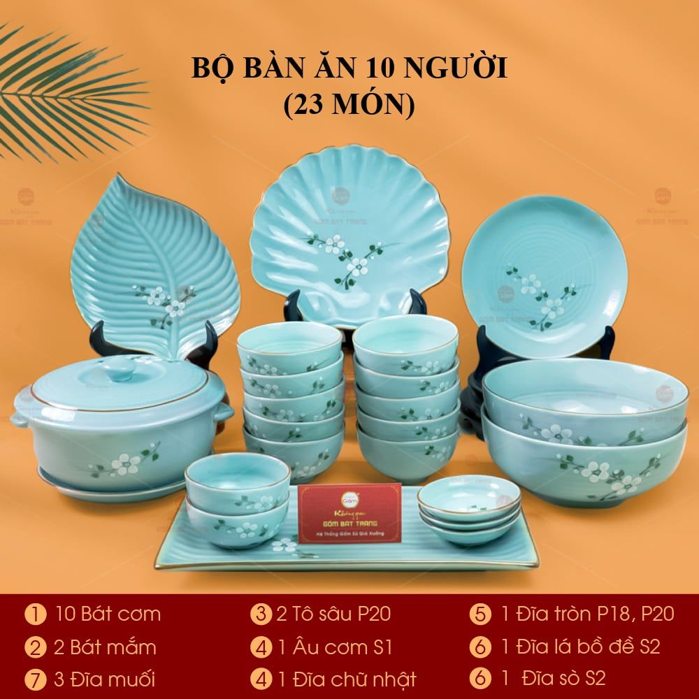 Bộ Bàn Ăn 10 Người (23 món) Men Ngọc Hoa Đào Trắng