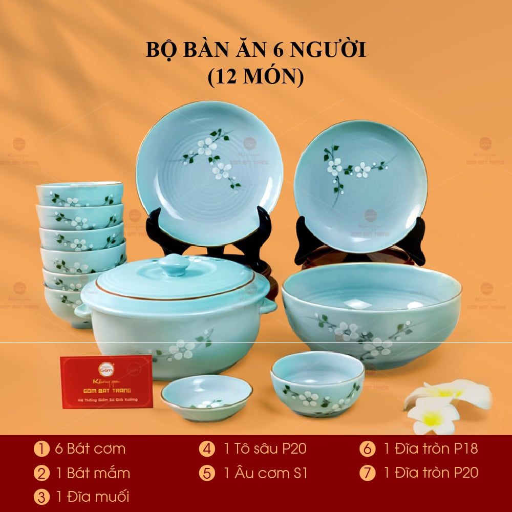 Bộ Bàn Ăn 6 Người (12 món) Men Ngọc Hoa Đào Trắng