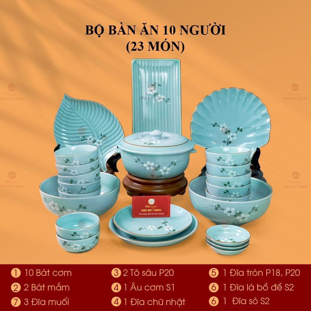 Bộ Bàn Ăn 10 Người (23 món) Men Ngọc Hoa Đào Trắng