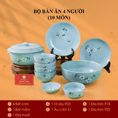 Bộ Bàn Ăn 4 Người (10 món) Men Ngọc Hoa Đào Trắng