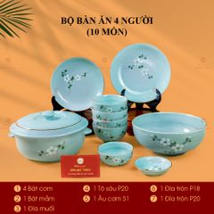 Bộ Bàn Ăn 4 Người (10 món) Men Ngọc Hoa Đào Trắng