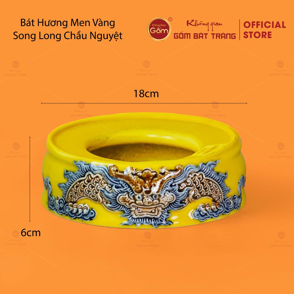 Đế Bát Hương Men Vàng Họa Tiết Song Long Chầu Nguyệt