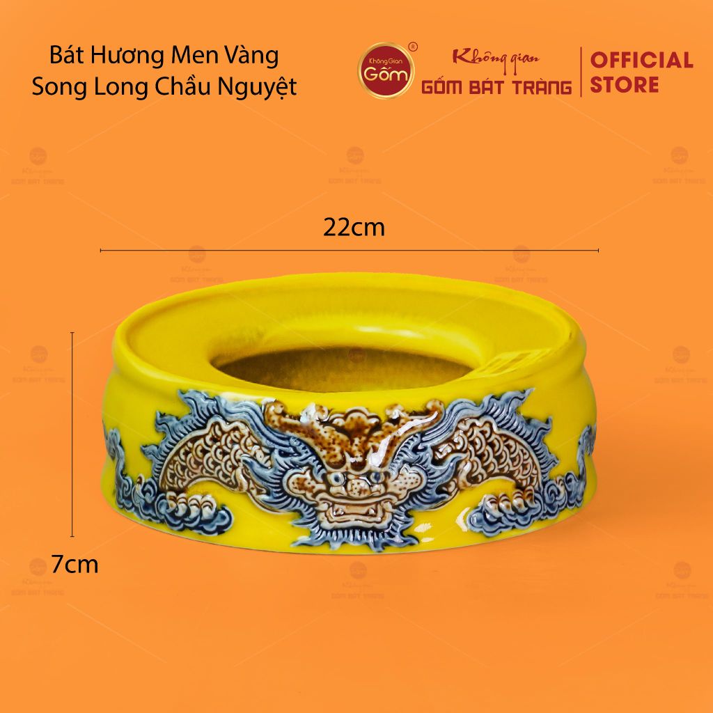 Đế Bát Hương Men Vàng Họa Tiết Song Long Chầu Nguyệt
