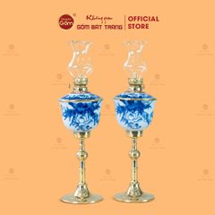 Đèn Dầu Thờ Chân Đồng Men Lam Vẽ Sen Dáng Bầu