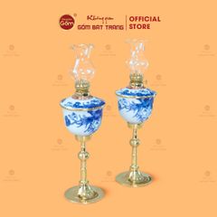 Đèn Dầu Thờ Chân Đồng Men Lam Vẽ Sen Dáng Bầu