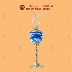 Đèn Dầu Thờ Chân Đồng Men Lam Vẽ Sen Dáng Bầu