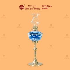 Đèn Dầu Thờ Chân Đồng Men Lam Vẽ Sen Dáng Chén