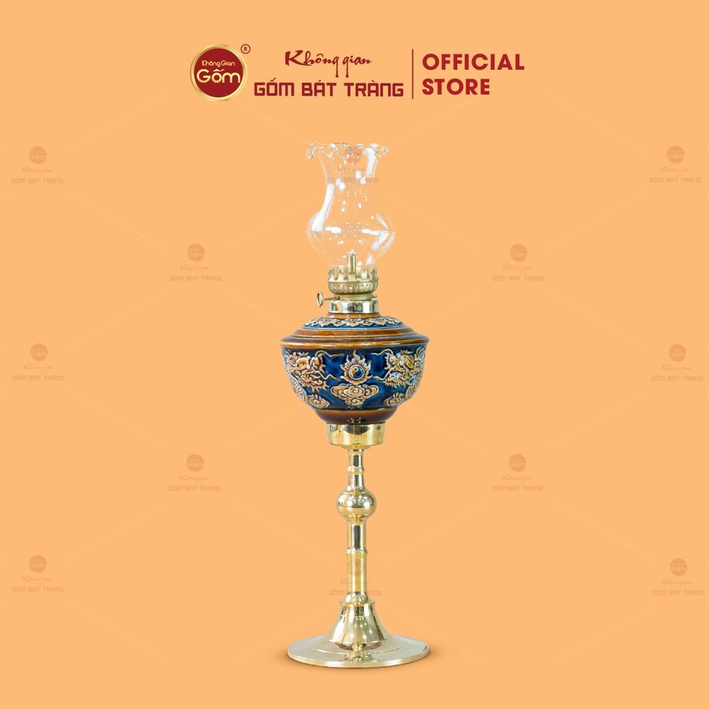 Đèn Dầu Thờ Chân Đồng Men Ngọc Khắc Nổi Rồng