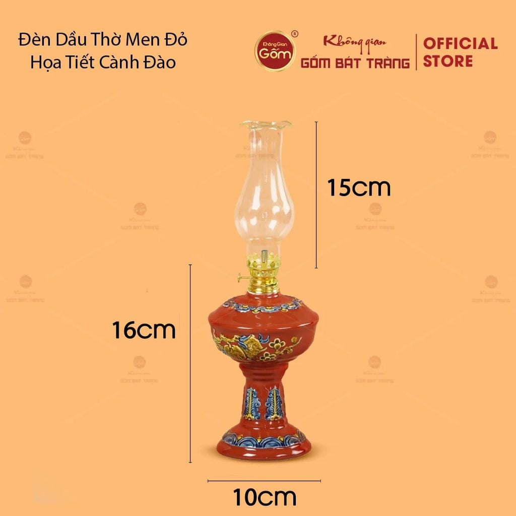 Đèn Dầu Thờ Men Đỏ Họa Tiết Cành Đào