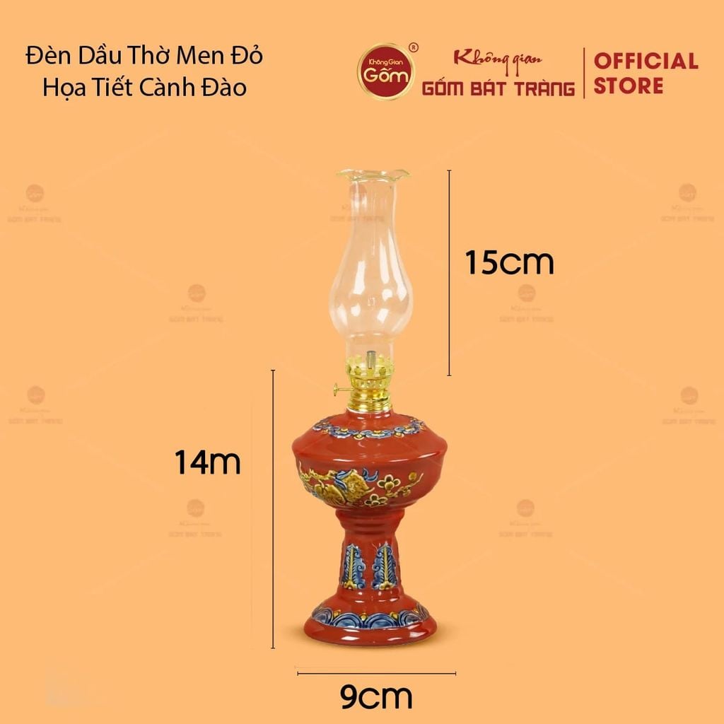 Đèn Dầu Thờ Men Đỏ Họa Tiết Cành Đào
