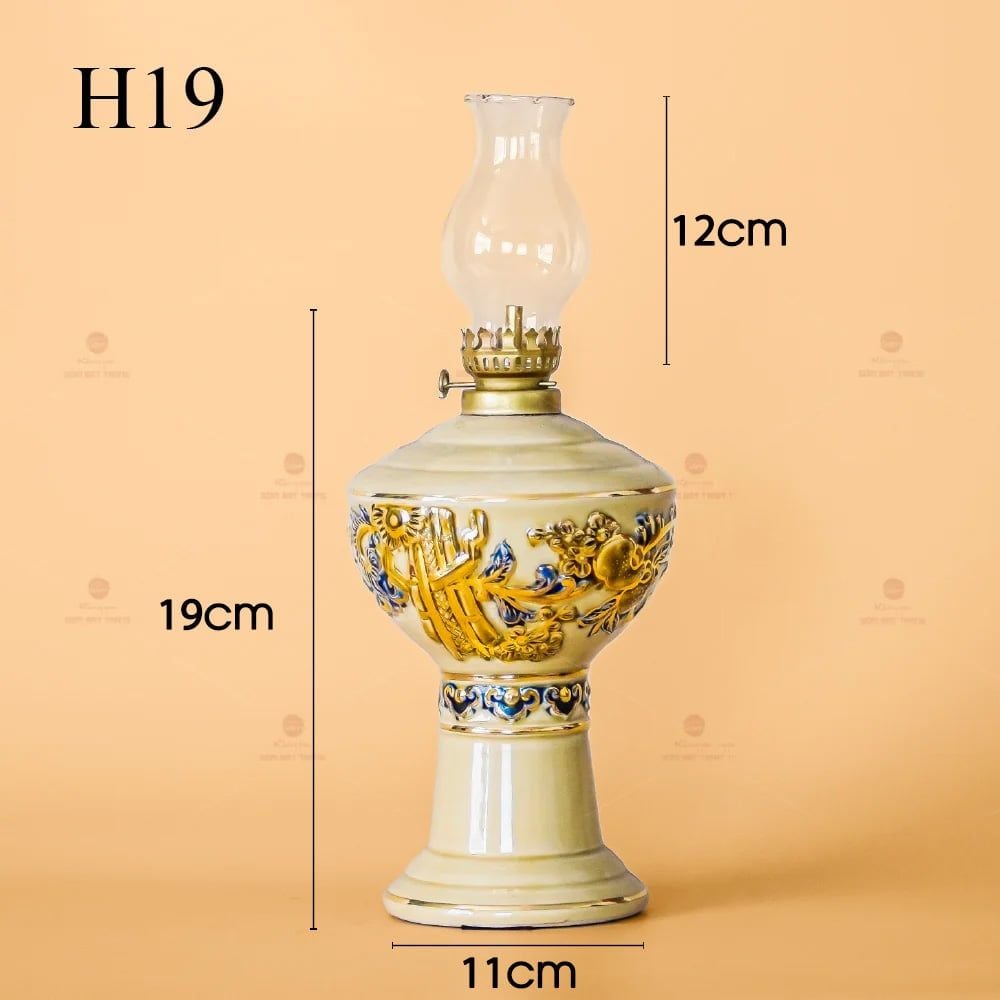 Đèn Dầu Thờ Men Hoàng Tộc Vẽ Vàng Họa Tiết Cuốn Thư