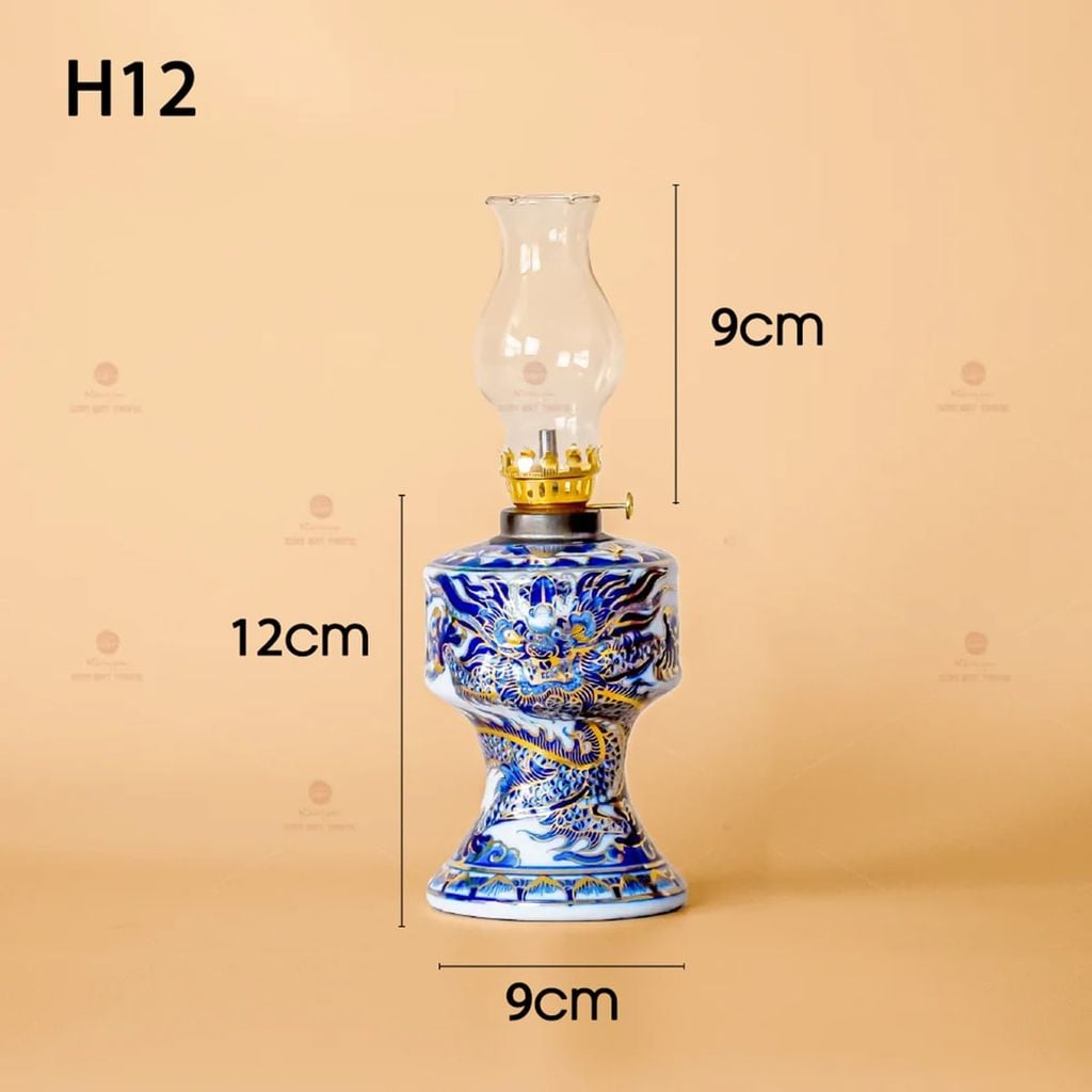 Đèn Dầu Thờ Độc Long Men Lam Nổi Vẽ Vàng Kim