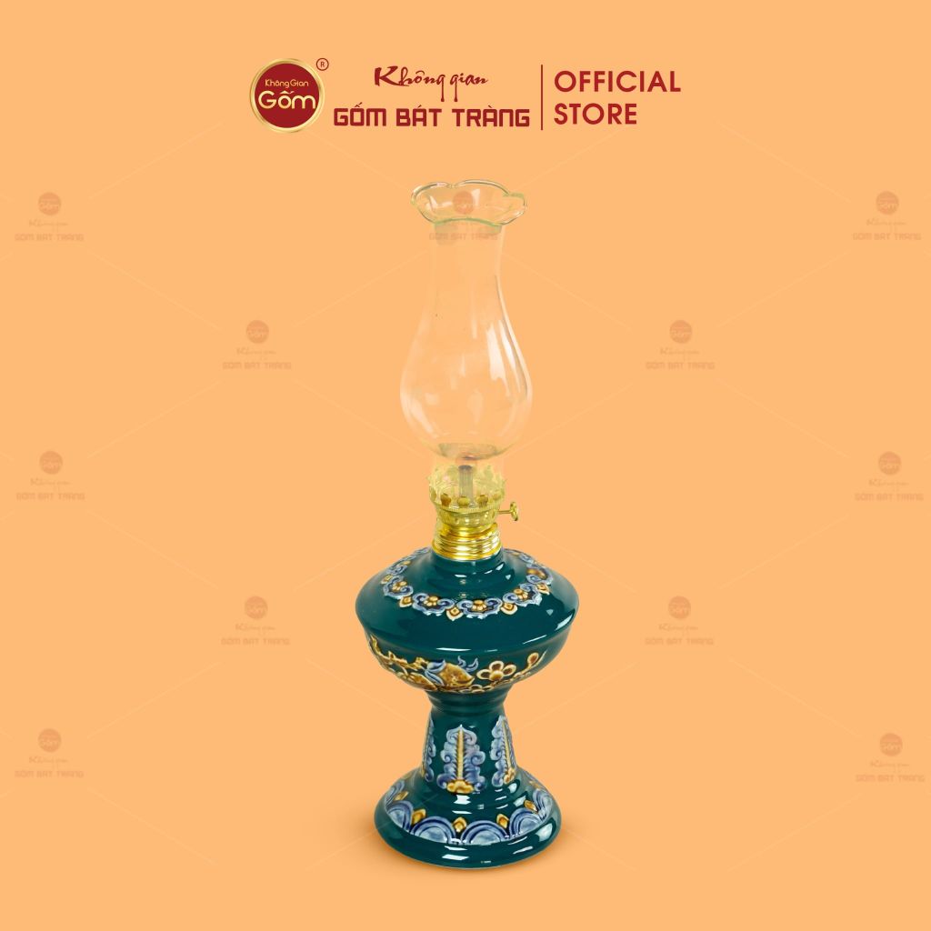 Đèn Dầu Thờ Men Lục Họa Tiết Cành Đào