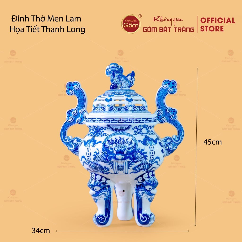 Đỉnh Hương Thờ Men Lam Họa Tiết Thanh Long