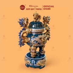 Đỉnh Hương Thờ Men Xanh Lục Vẽ Vàng Họa Tiết Thanh Long