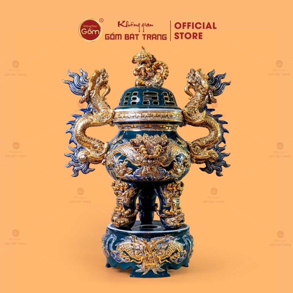 Đỉnh Hương Thờ Men Xanh Lục Vẽ Vàng Họa Tiết Thanh Long