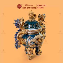 Đỉnh Hương Thờ Men Xanh Lục Vẽ Vàng Họa Tiết Thanh Long